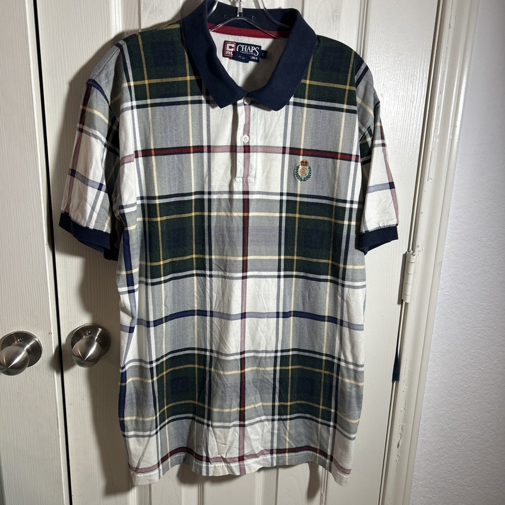 Chaps Ralph Lauren Polo Shirt Mens Large Plaid Emb. Crest Cotton